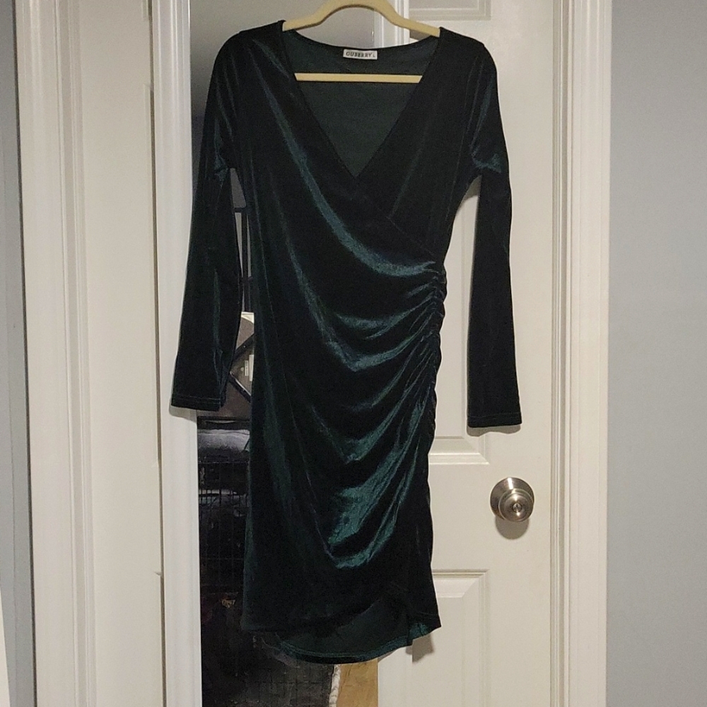 GUBERRY Womens Wrap V Neck Long Sleeve Velvet Bodycon Ruched Cocktail/PartyDress
